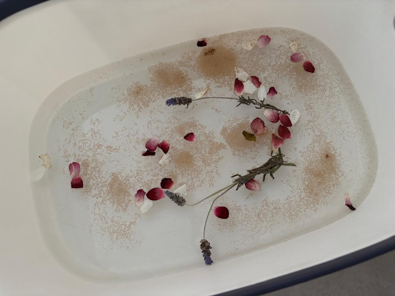 Top-down view of a foot bath scattered with rose and lavender