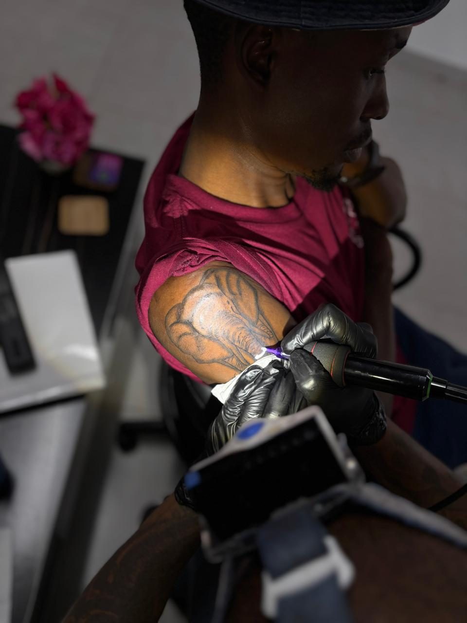 Close-up detail of tattoo work in progress