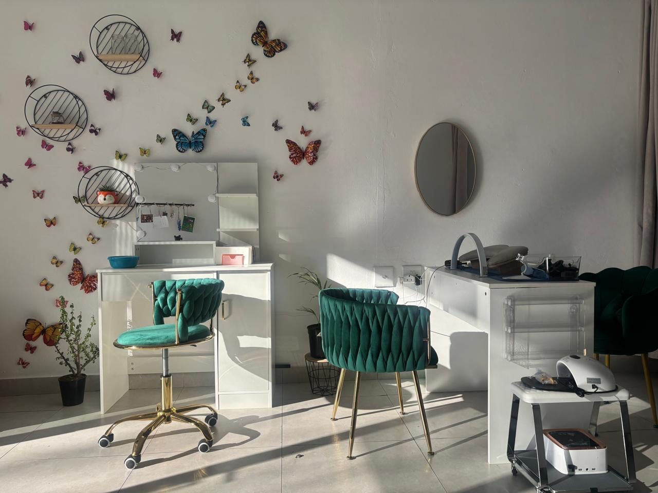 The makeup and nail vanity corner in soft morning light